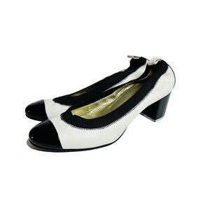 Nine West TrueBlenr Leather Upper Block Heel Pump Black & White Size 7M